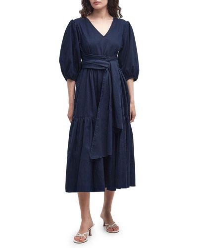 Barbour Annie Puff Sleeve Linen & Cotton Midi Dress - Blue