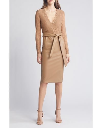 Bebe Mixed Media Long Sleeve Lace & Faux Leather Dress - Natural