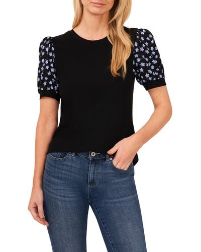 Cece Floral Sleeve Mixed Media Knit Top - Black
