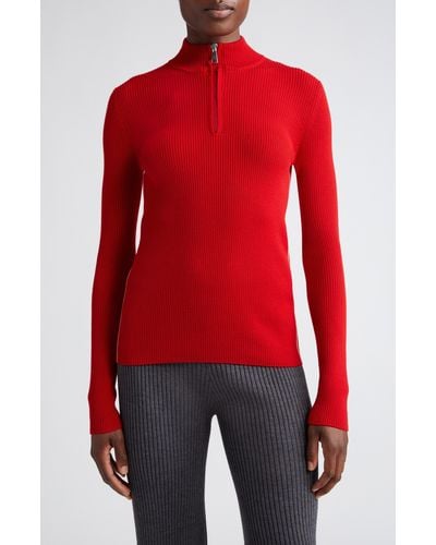 Moncler Turtleneck Virgin Wool Quarter Zip Sweater - Red