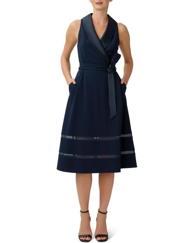 Adrianna Papell Satin Trim Crepe Midi Tuxedo Dress - Blue