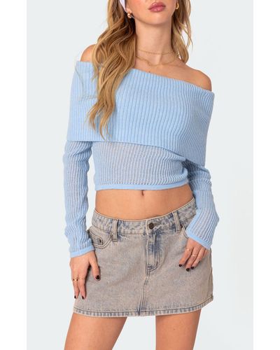 Edikted Lili Foldover Off The Shoulder Crop Sweater - Blue