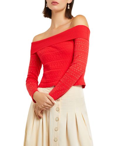 Misook Off The Shoulder Jacquard Sweater - Red