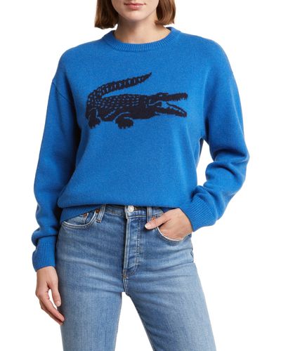 Lacoste Big Croc Cashmere & Wool Crewneck Sweater - Blue
