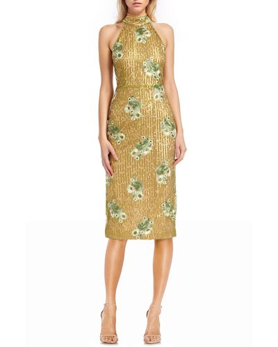 Badgley Mischka Floral Embroidery Sequin Sheath Dress - Yellow