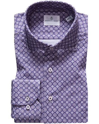 Emanuel Berg 4flex Slim Fit Medallion Print Knit Button-up Shirt - Blue
