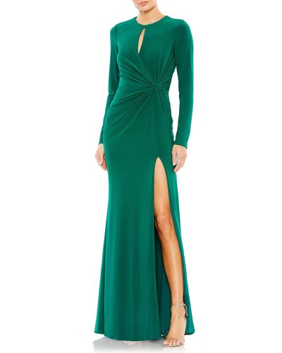 Mac Duggal Ruched Keyhole Long Sleeve Jersey Gown - Green