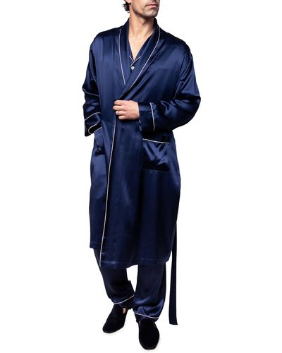 Petite Plume Piped Silk Robe At Nordstrom - Blue
