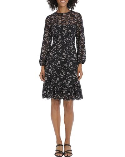 Maggy London Floral Lace Long Sleeve Fit & Flare Dress - Black