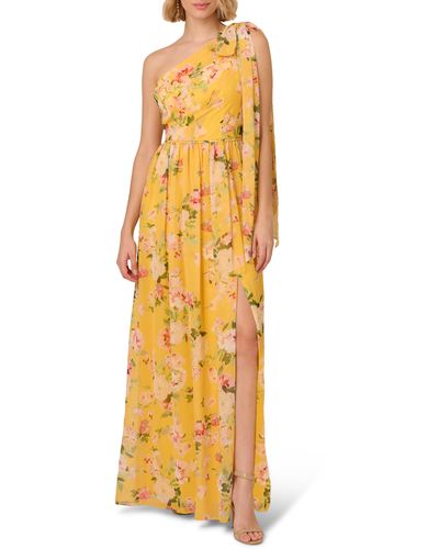 Adrianna Papell Floral One-shoulder Chiffon Gown - Metallic