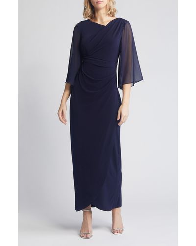 Connected Apparel Chiffon Cape Sleeve Side Ruched Gown - Blue