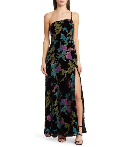 Lulus Luxurious Romance Floral Velvet Burnout One-shoulder Gown - Black