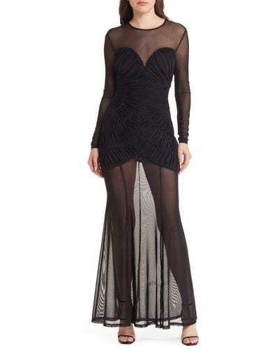Misha Collection Talitha Smocked Mesh Long Sleeve Gown - Black