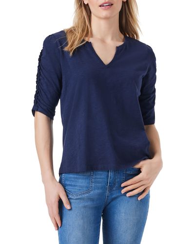 NZT by NIC+ZOE Nzt By Nic+zoe Ruched Sleeve Cotton Top - Blue