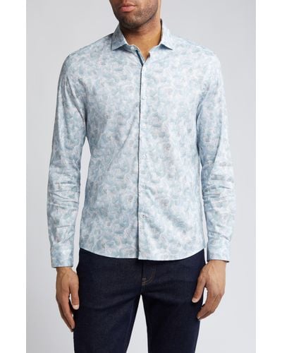 Stone Rose Floral Stretch Button-up Shirt - Blue