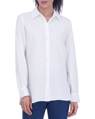 Foxcroft Cotton Gauze Tunic Button-up Shirt - White