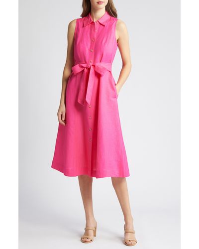 Anne Klein Tie Waist Sleeveless Linen Blend Shirtdress - Pink