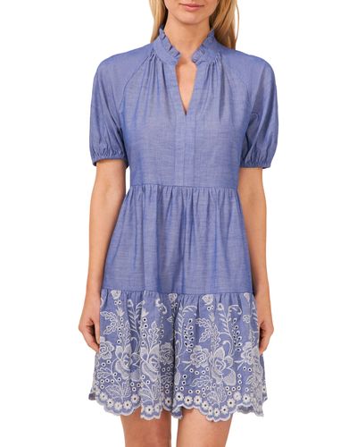 Cece Embroidered Chambray Dress - Blue