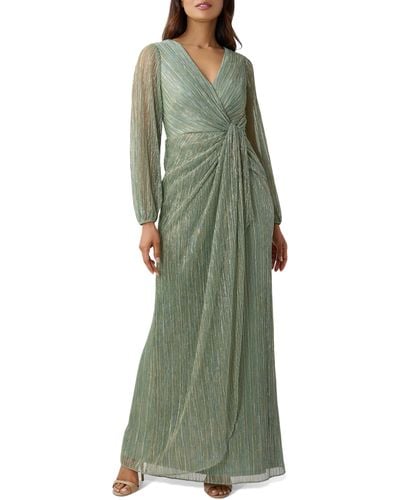 Adrianna Papell Metallic Long Sleeve Mesh Evening Gown - Green