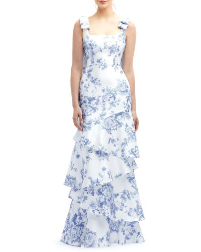Dessy Collection Floral Print Ruffle Tie Strap Gown - Blue