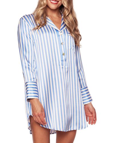 Petite Plume Stripe Long Sleeve Mulberry Silk Nightgown - Blue