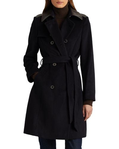 faux leather trim wool blend coat