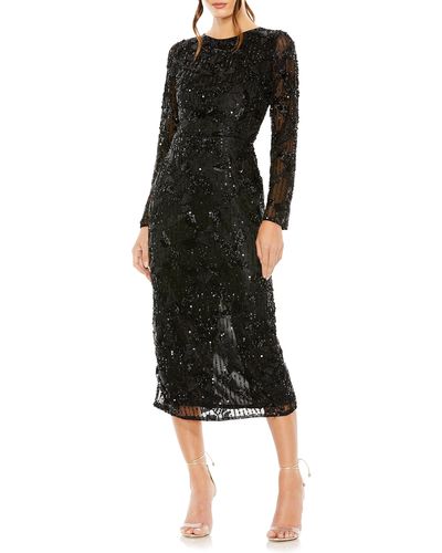 Mac Duggal Sequin Beaded Long Sleeve Cocktail Midi Dress - Black