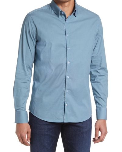 Stone Rose Micro Geometric Print Trim Fit Stretch Cotton Button-up Shirt - Blue