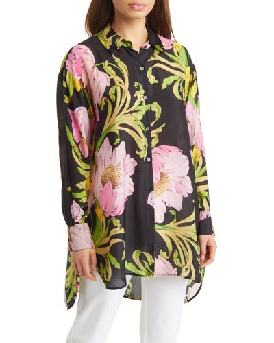 Natori Floral Silk Button-up Blouse - Multicolor
