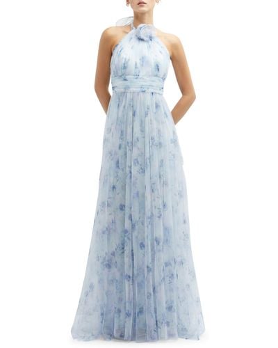 Dessy Collection Floral Print Tulle Gown - Blue