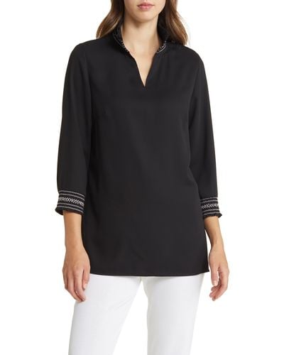 Ming Wang Embroidered Detail Crepe Tunic Blouse - Black