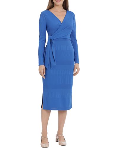 Maggy London Textured Long Sleeve Knit Midi Dress - Blue