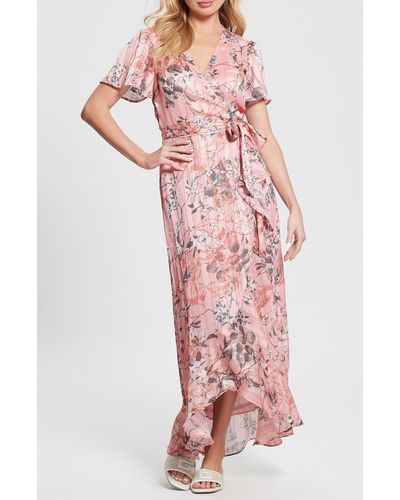 Guess New Juna Metallic Floral Print Wrap Dress - Pink