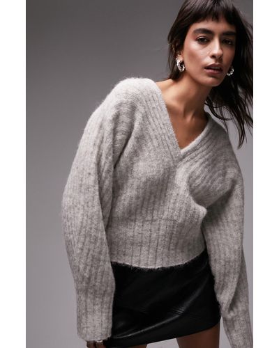 TOPSHOP V-neck Ovoid Sleeve Rib Sweater - Gray