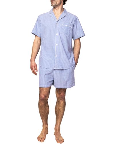 Petite Plume Stripe Cotton Seersucker Short Pajamas - Blue