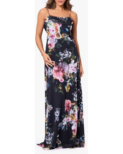 Betsy & Adam Floral Print Cowl Neck Gown - Blue
