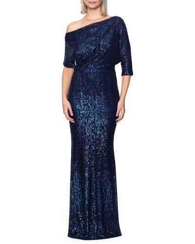 Betsy & Adam Sequin One-shoulder Gown - Blue