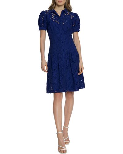 Maggy London Cotton Blend Lace Fit & Flare Shirtdress - Blue