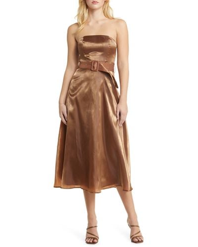 Lulus Chicly Stunning Belted Strapless Cocktail Midi Dress - Brown