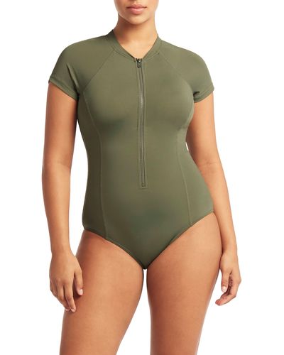 Sea Level Short Sleeve Multifit Front Zip One-piece Swimsuit - Green