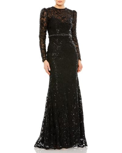 Mac Duggal Sequin Tapestry Long Sleeve Trumpet Gown - Gray