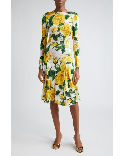 Dolce & Gabbana Rose Print Long Sleeve Dress - Yellow