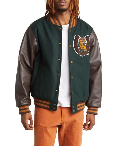 One Of These Days Mustang Wool & Leather Varsity Bomber Jacket - Green