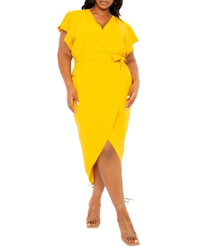 Buxom Couture Flutter Sleeve High-low Faux Wrap Dress - Yellow