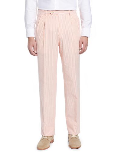 Berle Pleated Seersucker Cotton Dress Pants - Pink