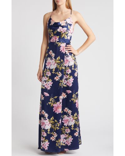 Lulus Love Of Romance Floral Satin Gown - Blue