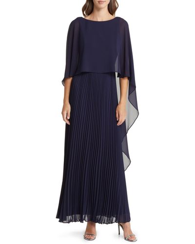 Marina Capelet Overlay Pleated Chiffon Gown - Blue