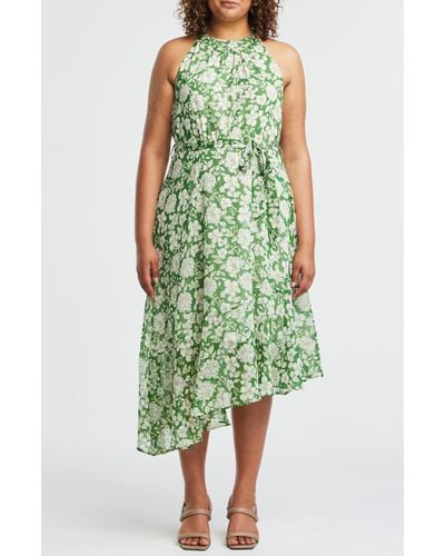 Estelle Field Floral Sleeveless Asymmetric Midi Dress - Green