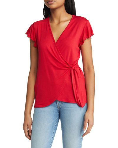 Loveappella Flutter Sleeve Jersey Wrap Top - Red