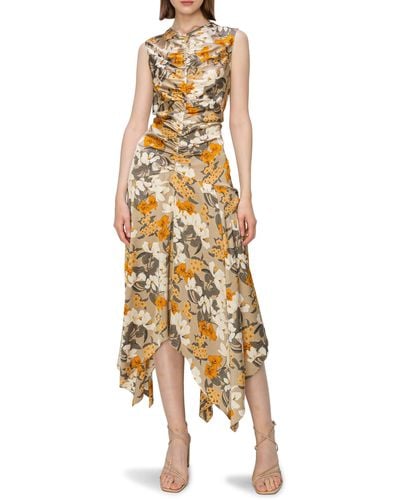 MELLODAY Floral Print Ruched Satin Midi Dress - Metallic